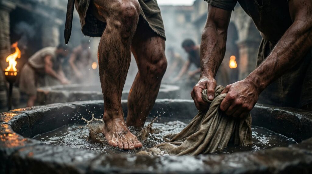 Trabajadores romanos pisoteando ropa en una tintorería antigua